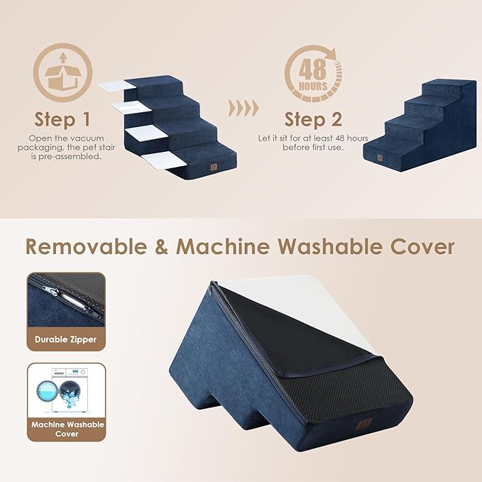 EHEYCIGA Dog Stairs for Beds 19.7" H, 4-Step Dog Steps for Small Dogs and Cats, Slope Pet Steps with Non-Slip Bottom, Navy