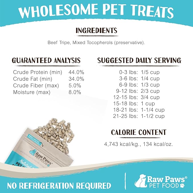 Raw Paws Freeze-Dried Green Beef Tripe for Dogs & Cats, 8-oz - Made in USA - Raw Freeze Dried Dog Treats - Free-Range Cows - Grain & Wheat Free Beef Green Tripe Cat Treats - Raw Tripe Treats for Dogs