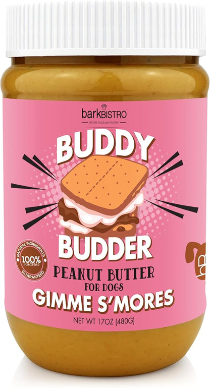 BUDDY BUDDER Gimme S'Mores, 100% Natural Dog Peanut Butter, Healthy Peanut Butter Dog Treats, Stuff in Toy, Dog Pill Pocket, Made in USA, (17 oz Jars)
