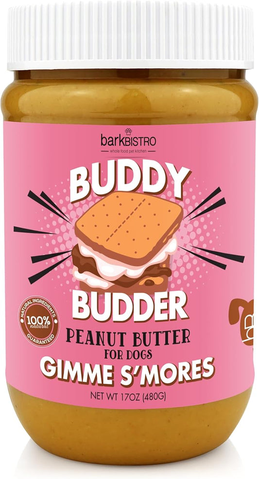 BUDDY BUDDER Gimme S'Mores, 100% Natural Dog Peanut Butter, Healthy Peanut Butter Dog Treats, Stuff in Toy, Dog Pill Pocket, Made in USA, (17 oz Jars)