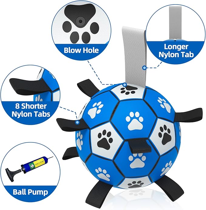 QDAN Dog Ropes Toys Soccer Ball with Straps, Interactive Dog Toys for Tug of War, Puppy Birthday Gifts, Dog Tug Toy, Dog Water Toy, Durable Dog Balls for Medium & Large Dogs-Blue&Grey（8 Inch）