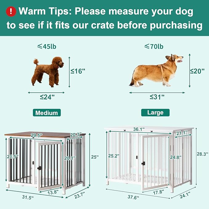 Heavy Duty Dog Crate Furniture, Fully Assembled exc. Locks, All Metal Frame & Wooden Tabletop, Modern Kennel for Small Dog, End Table, Sturdy, Foldable, White+Black/Rustic Brown