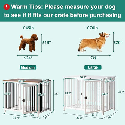Heavy Duty Dog Crate Furniture, Fully Assembled exc. Locks, All Metal Frame & Wooden Tabletop, Modern Kennel for Small Dog, End Table, Sturdy, Foldable, White+Black/Rustic Brown