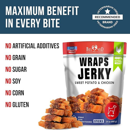 Dog Treats Sweet Potato Jerky Chicken Wraps 24 oz - Human Grade - Grain Free Organic Meat - All Natural High Protein Dried Strips - Best Chews for Small & Large Dogs - Bulk Soft Pack Made for USA