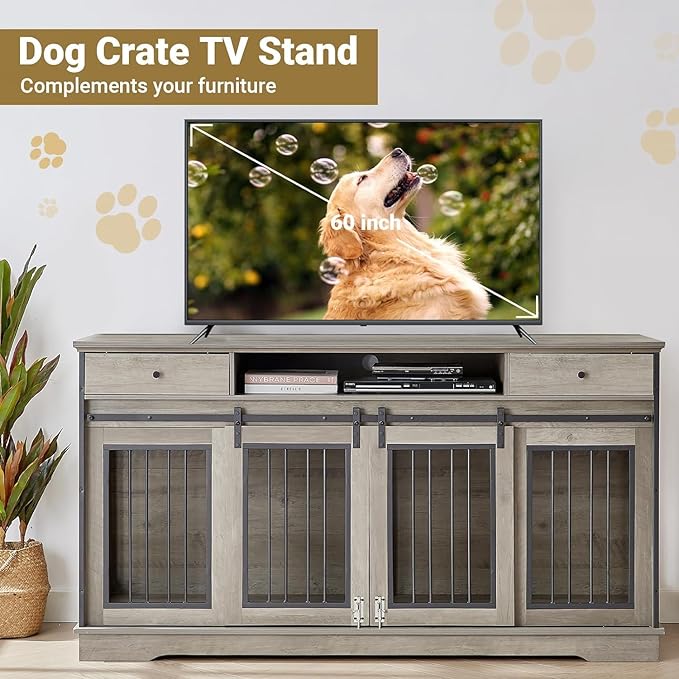 Rovibek 66" Double Dog Crate Furniture, Large Dog Kennel Furniture TV Stand for 2 Dogs, Furniture Style Dog Crates End Table, Wood Crates for Dogs Grey