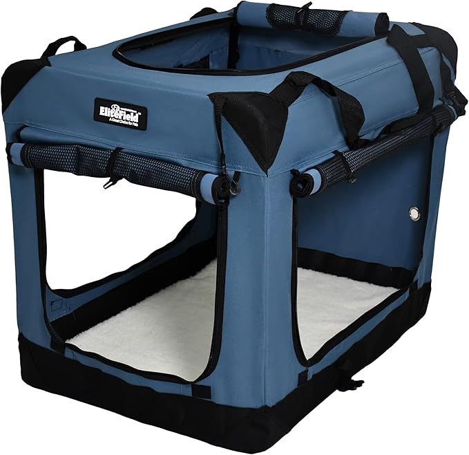 EliteField 4-Door Folding Soft Dog Crate with Curtains, Carrying Bag and Fleece Bed (2 Year Warranty), Indoor & Outdoor Pet Home (24" L x 18" W x 21" H, Blue Gray+4 Door Curtains)