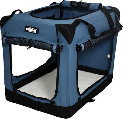 EliteField 4-Door Folding Soft Dog Crate with Curtains, Carrying Bag and Fleece Bed (2 Year Warranty), Indoor & Outdoor Pet Home (20" L x 14" W x 14" H, Blue Gray+4 Door Curtains)