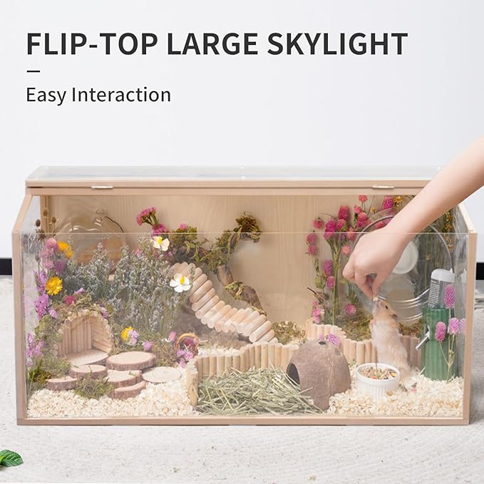 23.6 inch Wooden Hamster Cage, Large Habitat, Openable Top, Transparent Acrylic for Interior View, Ventilated, Easy to Clean, for Syrian Hamster, Dwarf Hamster, Gerbil, Other Small Pet Animals