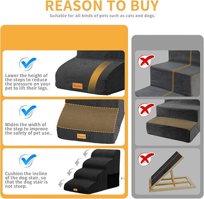 Topmart High Density Foam Dog Steps 4 Tiers,Extra Wide Deep Pet Steps,Non-Slip Pet Stairs,Dog Ramp for Bed,Soft Foam Dog Ladder,Best for Older Dogs Injured,Older Pets,Cats with Joint Pain,Color Black