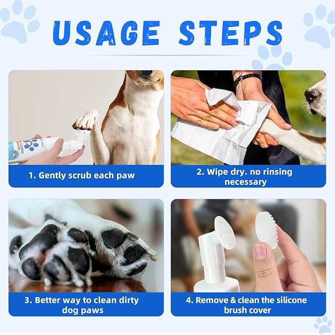 Dog Paw Cleaner, No-Rinse Foaming Cleanser, Moisturizing & Deodorizing Paw Wash with Silicone Bristle Brush, Deep Clean, Easy & Portable Paw Cleaner for Dogs