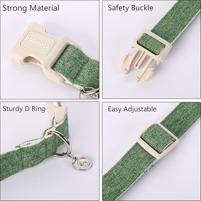 DOGWONG Cotton Hemp Dog Collar - Heavy-Duty Green Adjustable Soft Natural Fabric Pet Collar, Cute Wedding Puppy Necklace for Small Medium Large Dogs