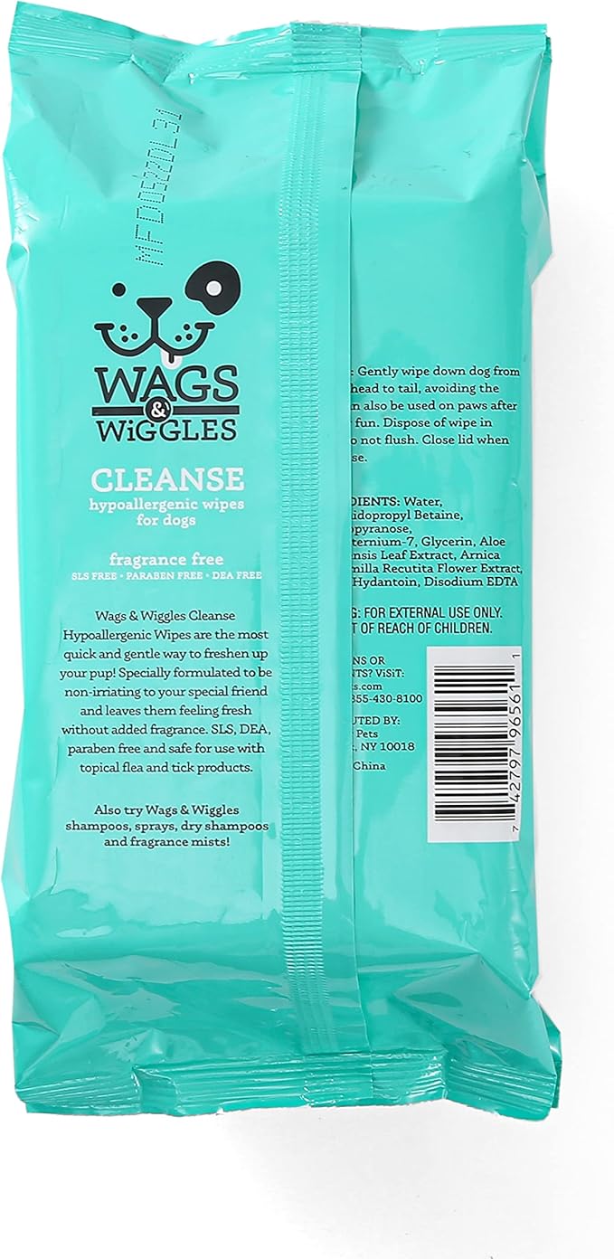 Wags & Wiggles Cleanse Hypoallergenic Wipes 100ct | Hypoallergenic Dog Wips 100 Count Package, Fragrance Free | Waterless Bathing to Keep Pets with Sensitive Skin Clean (FF22031)
