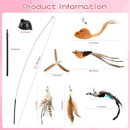 Interactive Bird Simulation Cat Toy Set,Cat Wand Toys,Wand Self-Holding Suction Cups Base,Include Detachable 6 Pcs Replacements Feathers Toys