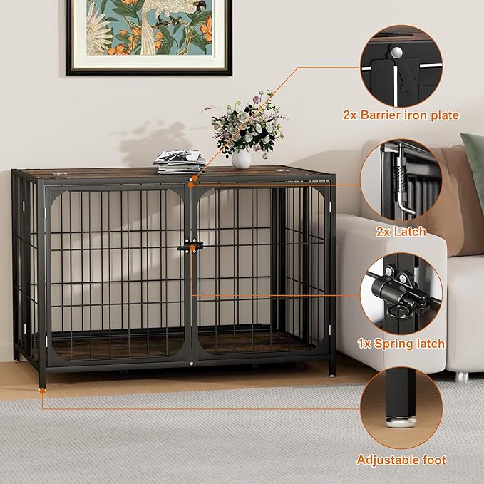Himix Dog Crate Furniture, XL Dog Crate Furniture for Large Medium Dogs, Wood Dog Crate Table with Sturdy Metal, Heavy Duty Dog Kennel Indoor 40.15''x 25''x 27.56'' (Rustic Brown)