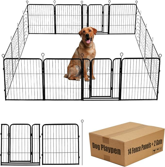 Dog Playpen,24 in(H) Pet Fence Outdoor for Rv Camping,Garden Fence Animal Barrie for Yard,Total 16 Panels with Gate 29Ft(L) Black Metal Temporary Fencing