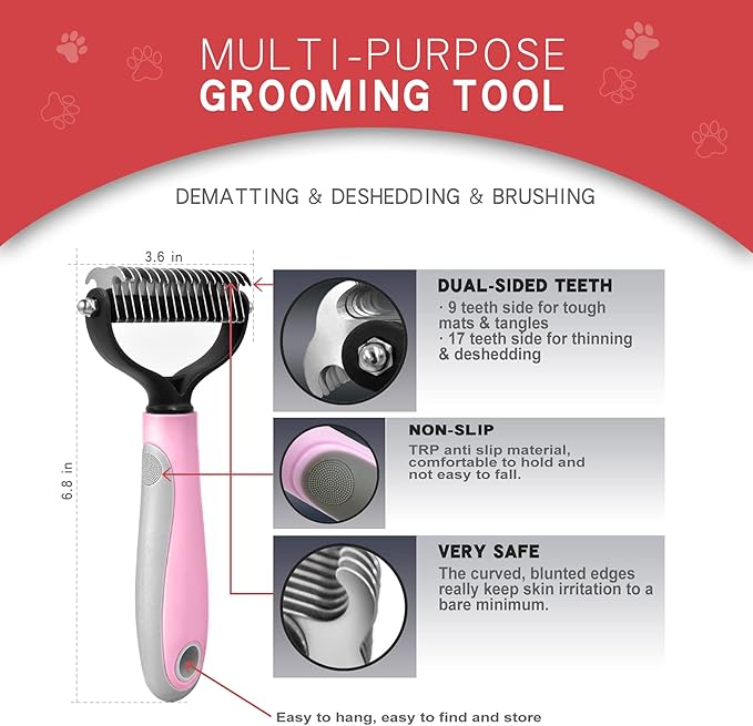 GOESWELL Dog brush for shedding Undercoat Rake for Dogs & Cats - Double Sided Brush for Dematting Comb Grooming Tool kit - Nail Clippers & Nail File (Pink(3 Pack))