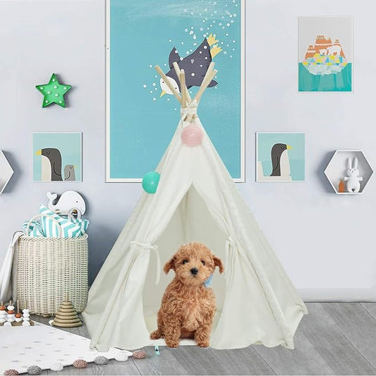 Dog Teepee Tent for Dogs & Cats Cute Pet Teepee with Mat, Portable Dog Tents 24inch Dog House Indoor Outdoor
