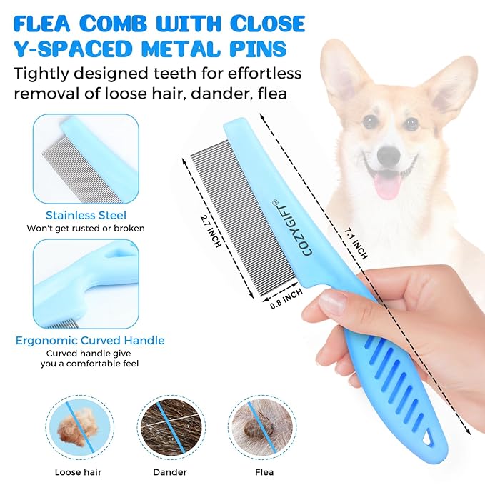 5 in 1 Dog Grooming Kit, Self Cleaning Slicker Brush for Shedding Short Long Haired Dogs & Cats, Includes Pet Comb, Flea Comb, Bath Brush, Undercoat Rake, Blue