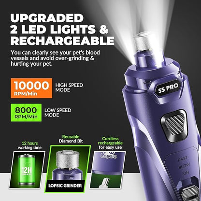 Dog Nail Grinder with 2 LED Lights Powerful 2 Speeds Super Quiet Dog Nail Trimmers with 3 Grinding Wheels Rechargeable Pet Dog Nail Clippers for Large Medium Puppy Dogs Nail File Cat Nail Clipper Blue