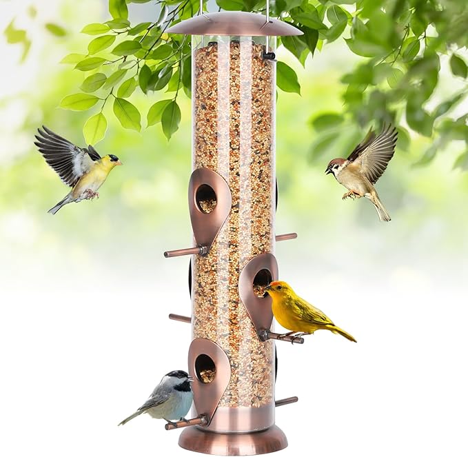 FEED GARDEN Metal Bird Feeders for Outdoors Hanging, 6-Port Tube BirdFeeders for Outside, Finch Feeders for Outside, Brushed Copper Finishing, Bird Feeder with Heavy Duty Metal Lid, Chew-Proof 1 Pack