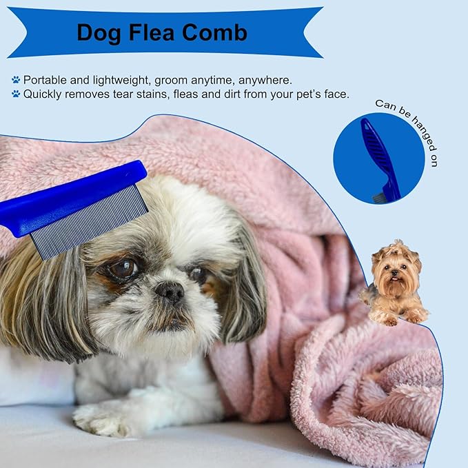 3 PCS Puppy Brush Grooming Kit, Stainless Steel Flea Comb, Fit for Yorkie, Shih Tzu, Maltipoo, Soft Bristle (Blue)