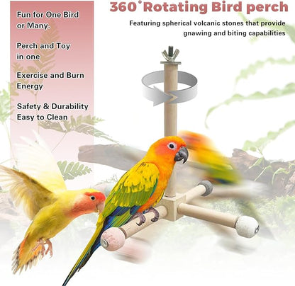 Bird Perch - 360° Rotating Interactive Perch for Cage, Natural Lava Rock for Claw & Beak Grinding, Safe Non-Toxic Wood, Multi-Position Play, Parakeet perches for cage, for Small/Medium Birds