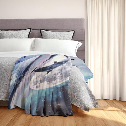 Dolphin and Moon Throw Blanket - Soft, Cozy, Lightweight Flannel, Warm, Plush, Fuzzy Decor for Couch, Office, Travel - Mystical Night Sky and Ocean Design 60_80 Inch
