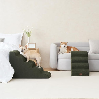 EHEYCIGA Curved Dog Stairs Ramp for High Beds 22.6" H, 5-Step Dog Steps for Small Dogs and Cats, Pet Stairs for High Bed Climbing, Non-Slip Balanced Pet Step Indoor, Olive Green