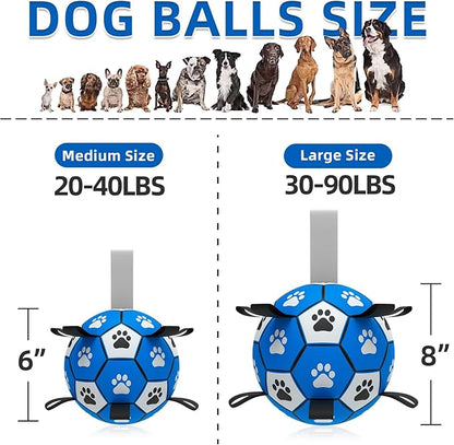 QDAN Dog Ropes Toys Soccer Ball with Straps, Interactive Dog Toys for Tug of War, Puppy Birthday Gifts, Dog Tug Toy, Dog Water Toy, Durable Dog Balls for Small & Medium Dogs-Blue&Grey（6 Inch）