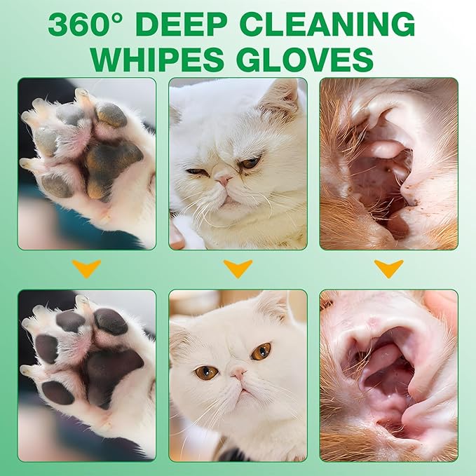 Pet Glove Wipes UNSCENTED for Dogs and Cats No-Rinse, Deodorizing, Grooming Gloves for Paws, Face, Butt, and Legs, Portable Travel-Friendly, Family Stockpile, 10 PCS Hypoallergenic Wipes