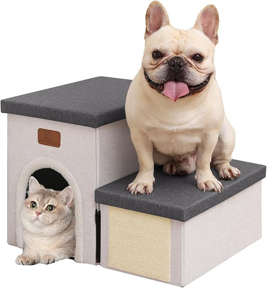 downluxe Dog Stairs for Small Dogs, Foldable Dog Steps for Bed, Sofa and Chair, Non-Slip Pet Steps with Cat Scratcher and Condo (2-Step Pet Stairs, Grey-Beige)