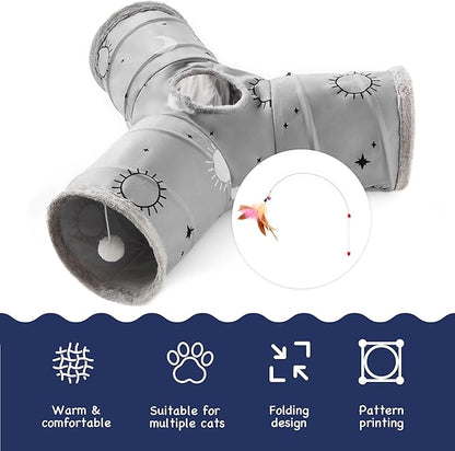 Tempcore Pet Cat Tunnel Tube Cat Toys 3 Way Collapsible, Cat Tunnels for Indoor Cats Fleece-Lined in for Warmth，Kitty Tunnel Bored Pet Toys Peek Hole Toy Ball Puppy, Kitten, Rabbit Gray Sun