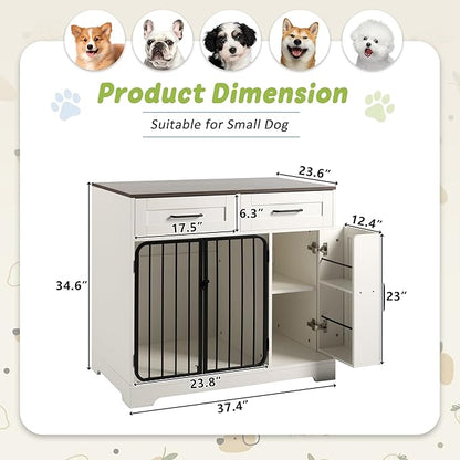 Merax Farmhouse 37.4 Inch Dog Crate Furniture with Storage Cabinet & 2 Drawers, Wooden Dogs Kennel End Table with Double Doors, Indoor Dog House for Small, Medium Dogs up to 40 Lbs, Brown+White