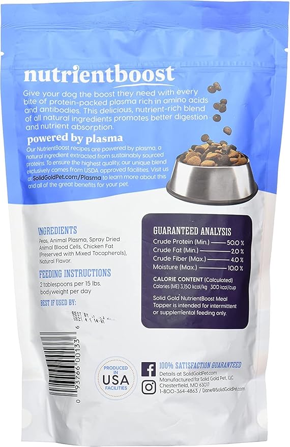Solid Gold NutrientBoost Meal Topper for Dogs - Plasma Infused Dog Food Topper & Treats - Gut Health & Immune System Support - Grain Free Additive with Vitamins, Minerals, Protein & Amino Acids - 1 Lb