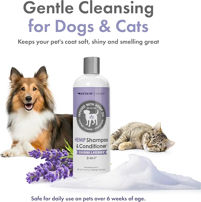 Petkin Hemp Shampoo & Conditioner for Dogs and Cats  with Hemp Oil & Calming Lavender Extract, 16 fl oz  Soothes, Calms & Conditions, Keeps Pet Smelling Great  for Home and Travel