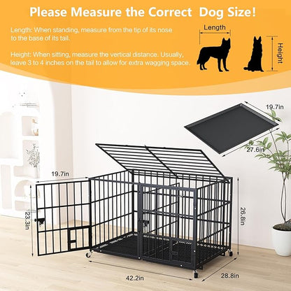 42 Inch Metal Dog Crate for Large Dogs,Heavy Duty Dog Cage Kennel Indoor with Divider Panel, Lockable Wheels, Indestructible Drop Cages for Dogs with Removable Tray, Escape Proof Locks