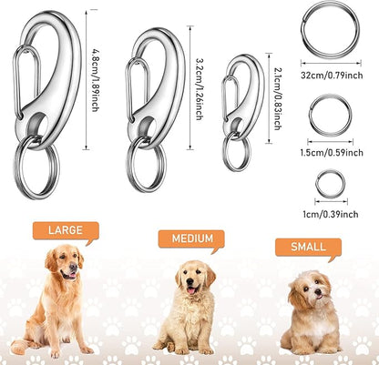 18 Pieces Leash Dog Tag Clip Pet ID Tag Pet Tag Clip Quick Clip Combos Pet ID Tag with Rings, Stainless Steel Quick Clips Pet ID Tag Holder for Dog Cat
