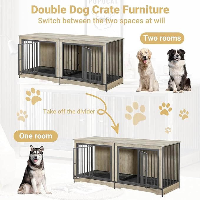 Rovibek 75" Double Dog Crate Furniture for 2 Large Dogs, Heavy Duty Furniture Style Dog Kennel End Table, Wood Crates for Dogs Kennel Indoor Double Door, Brown