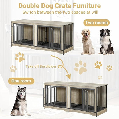 Rovibek 75" Double Dog Crate Furniture for 2 Large Dogs, Heavy Duty Furniture Style Dog Kennel End Table, Wood Crates for Dogs Kennel Indoor Double Door, Brown