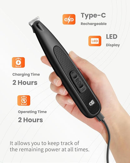 Dog Paw Trimmer with LED Light, Ultra-Low Noise Paw Trimmer for Dogs, Cordless Dog Clippers for Grooming with LED Display, Type-C Rechargeable Pet Clippers for Pads, Ears, Eyes, Face, Rump