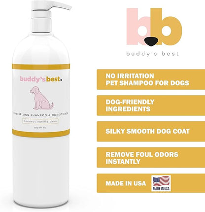 Buddy's Best Dog Shampoo for Smelly Dogs - Oatmeal Dog Shampoo and Conditioner for Dry and Sensitive Skin - Moisturizing Puppy Wash Shampoo, Coconut Vanilla Bean Scent, 32oz