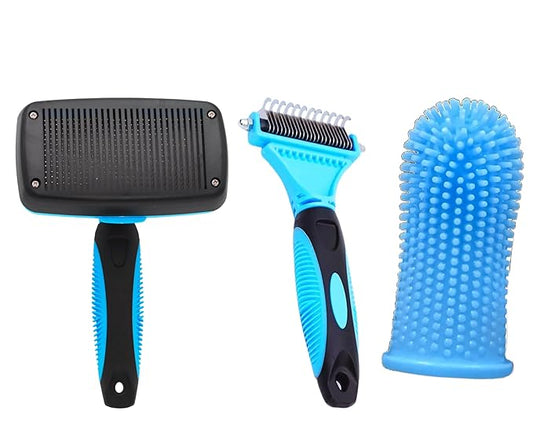 3-in-1 Pet Grooming Set - Self-Cleaning Slicker Brush, Deshedding Rake Comb, and Finger Toothbrush for Dogs & Cats | Perfect for Grooming, Dematting, and Dental Care (blue)