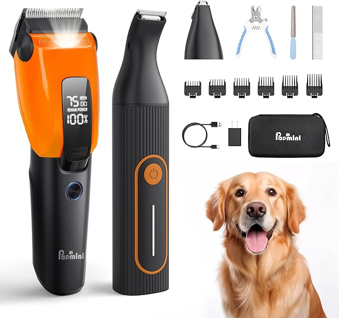 3 in 1 Dog Clippers for Heavy Thick Hair & Coats, Rechargeable Cordless Pet Shaver with Storage Box, Quiet Paw Trimmer for Small & Large Dogs, Cats & Animals