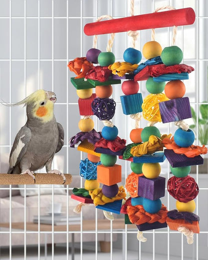 Bird Toys, Parakeet Chewing Toy, Multicolored Natural Wooden Blocks Birds Parrot Tearing Toys mit Rattan Wicker Balls, for Medium Small Macaw Cockatoos Budgie Lovebird Cockatiel Conures