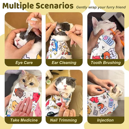 Cat Wrap for Grooming, Self-Adhesive Cat Swaddle Wrap with Nail Clipper, Soft Calming Pet Blanket Anti-Escape Grooming Bag for Cats and Dogs Up to 11lbs (Animal 3)