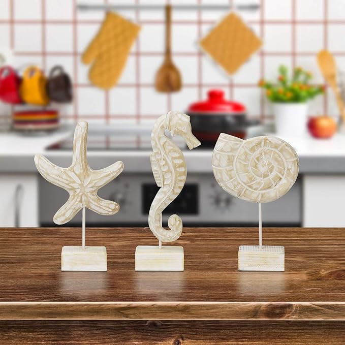 3pcs Wood Handmade Beach Nautical Style Figurines Starfish/Conch/Seahorse Statue Home Decor