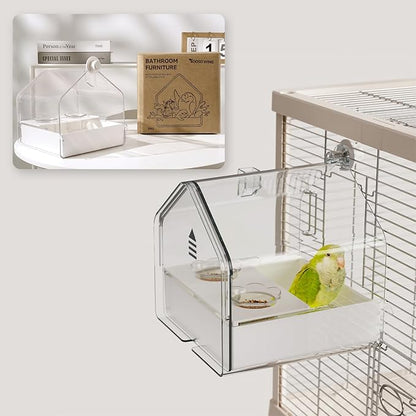 Hanging Bird Bath for Cage, 3-in-1 Multifunctional Bathtub -Bath, Feeder & House for Small to Medium Lovebirds, Finches, Parakeets – Essential Bird Cage Accessory (White)