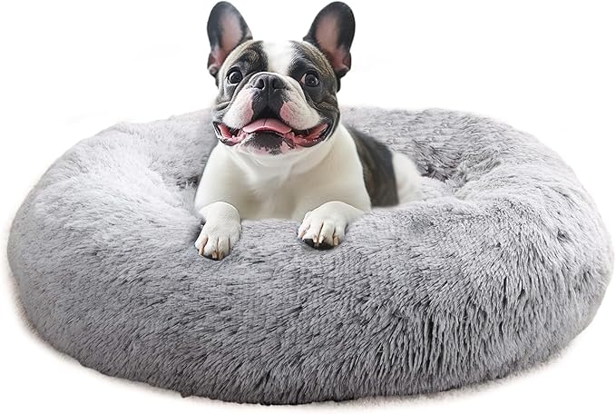JOLLYVOGUE Dog Beds for Medium Dogs, Anti-Anxiety Washable Round Bed, Calming Donut Dog Cat Bed for Puppy Bed, Fluffy Dog Beds for Medium Dogs, Round Puppy Bed for Indoor Pet (28"/Smoke Gray