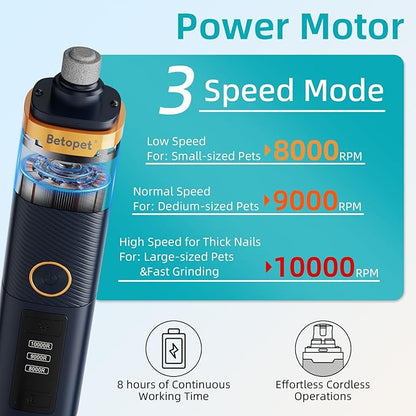 Upgraded Dog Nail Grinder Quiet - 3-Speed Professional Dog Nail Trimmers with 2 LED Lights for Large Medium Small Dogs/Cats, Electric Pet Nail Grinder for Dogs with Dust Cap