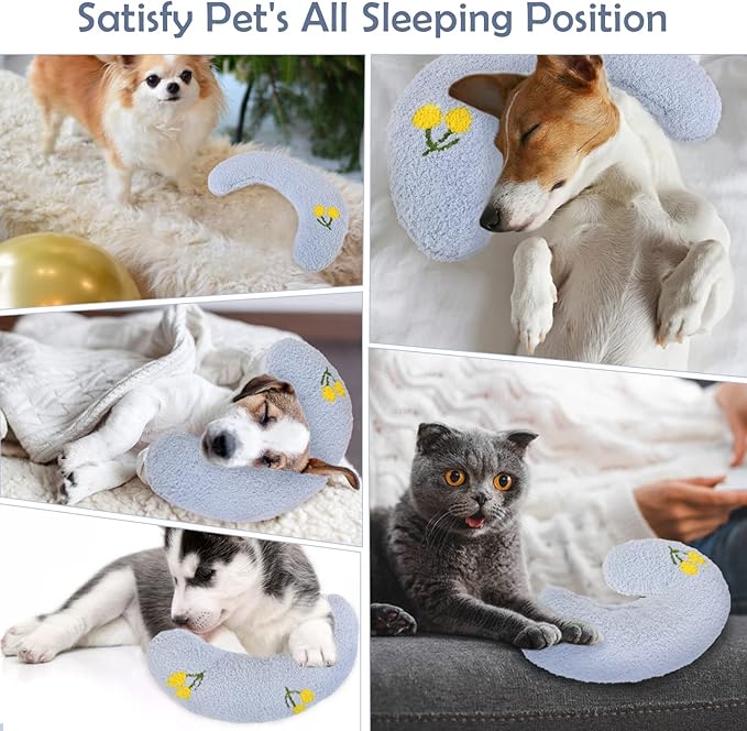 T'CHAQUE Dog Pillow Bed, Cat Calming Pillow, Dog Neck Pillow for Joint Relief Sleeping, Ultra Soft Half Donut Cuddler, Pillow Pet for Upper Spine Support, Doggy/Kitten Pillow Training Toy, BlueFlower